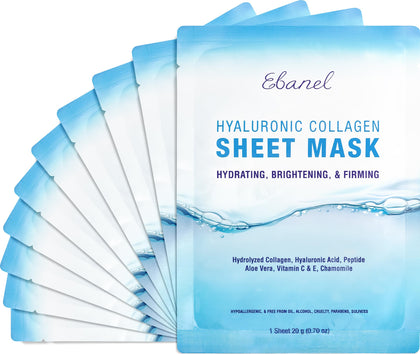 Ebanel front packaging showing ten collagen masks and benefits