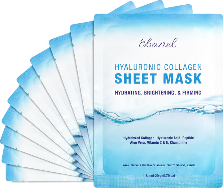 Ebanel front packaging showing ten collagen masks and benefits