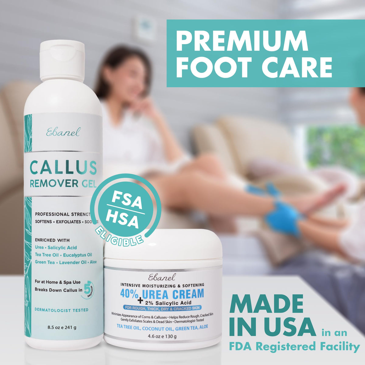 Ebanel callus gel pump and 40% urea cream tubes displayed for clarity