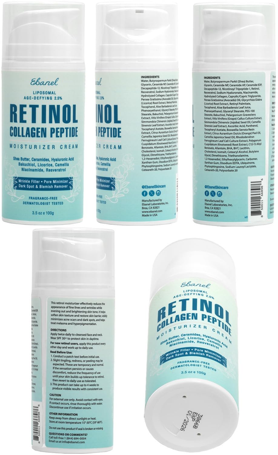 Flatlay of Ebanel retinol cream with key ingredients illustrating brightening and moisturizing benefits