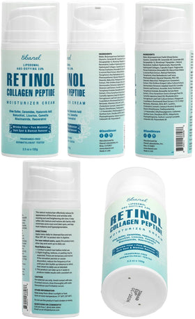 Flatlay of Ebanel retinol cream with key ingredients illustrating brightening and moisturizing benefits