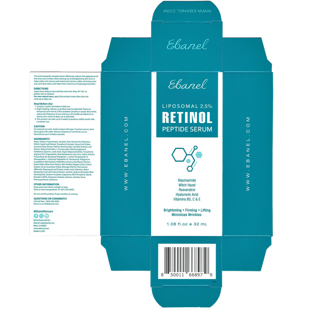 Ebanel outer packaging box emphasizing made-in-USA quality