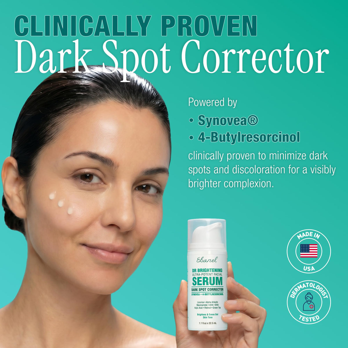 Ebanel dropper releasing serum, highlighting silky texture and easy application