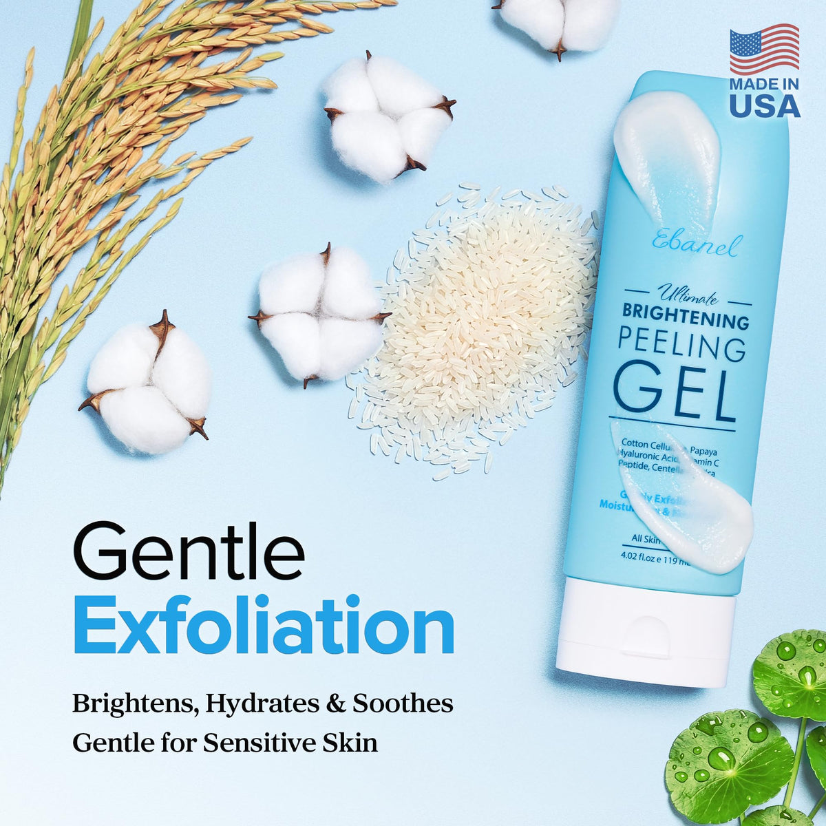 Ebanel gel texture with cellulose micro-pills illustrating gentle exfoliation benefit