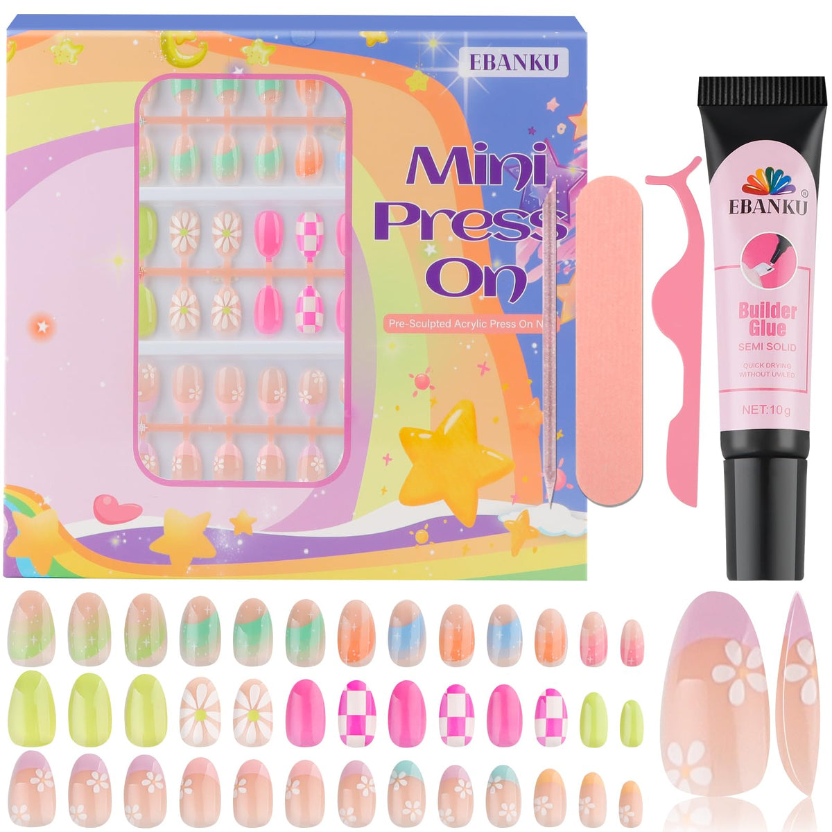 EBANKU front package showing three nail styles and accessories for easy gifting