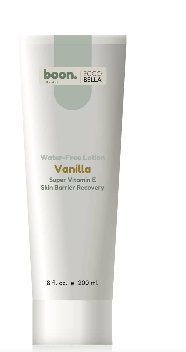Ecco Bella front packaging showing 8 oz vanilla body lotion and benefits