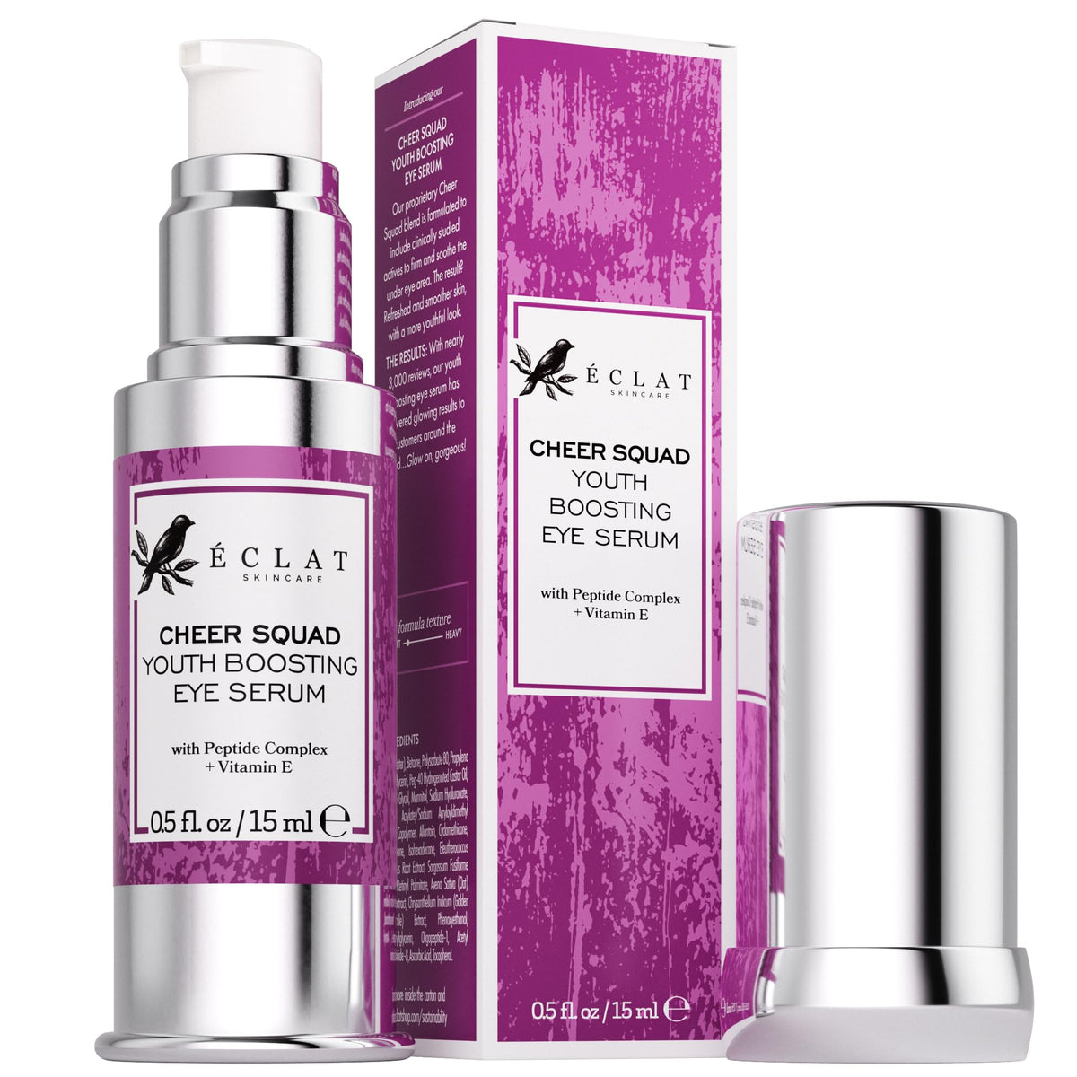 Eclat Skincare front packaging of eye serum shows label and bottle benefit
