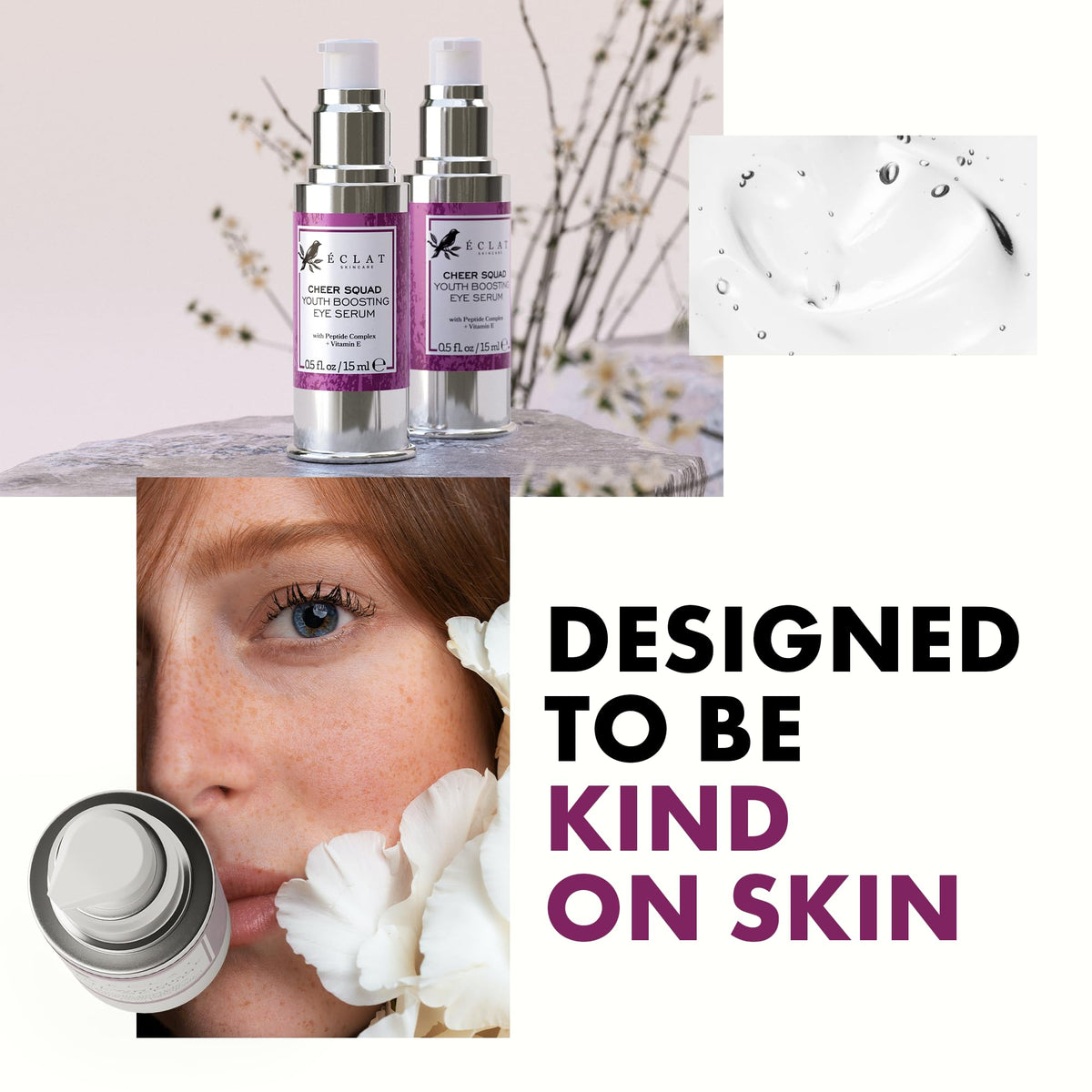 Eclat Skincare pump dispenser detail highlighting controlled dosage benefit