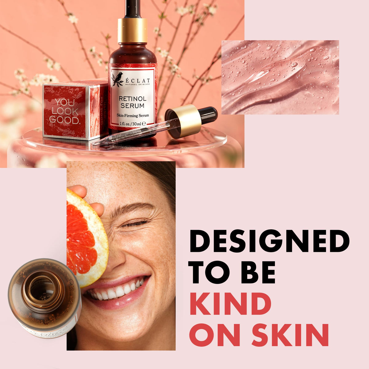 Eclat Skincare botanicals flatlay with aloe and green tea showing plant-based soothing benefits
