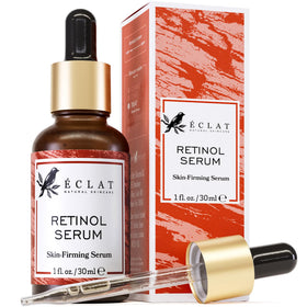 Eclat Skincare retinol serum front bottle shows sleek packaging and clear branding for ease of use