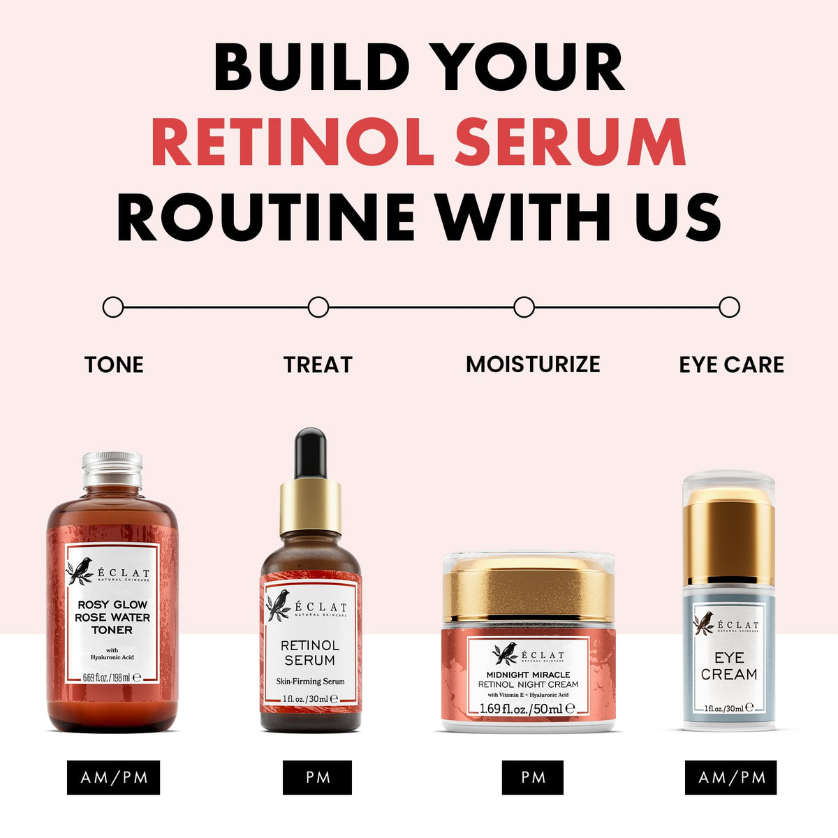 Eclat Skincare serum on a bathroom shelf with towel, demonstrating daily routine integration