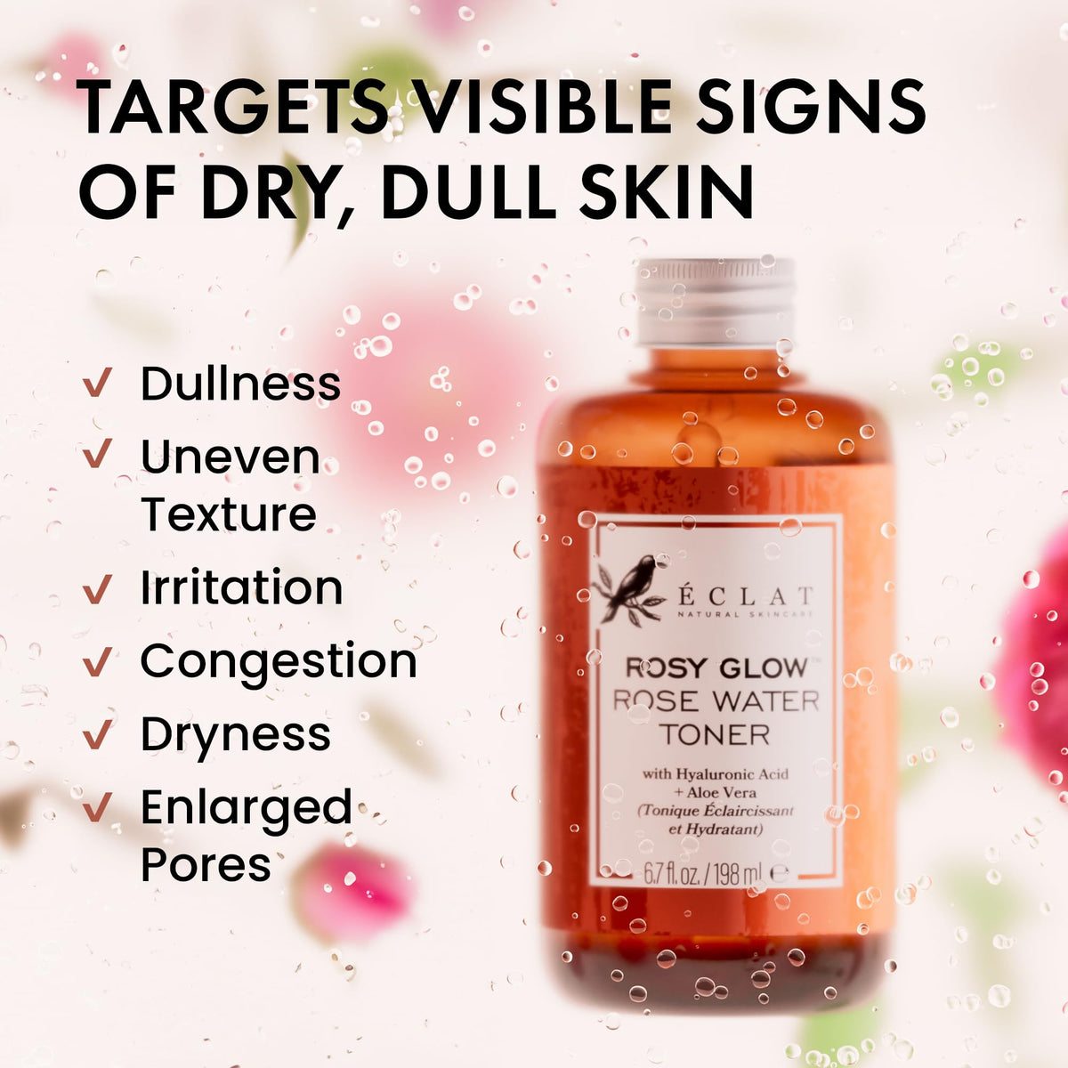 Eclat Skincare droplets of toner falling to show lightweight hydrating texture