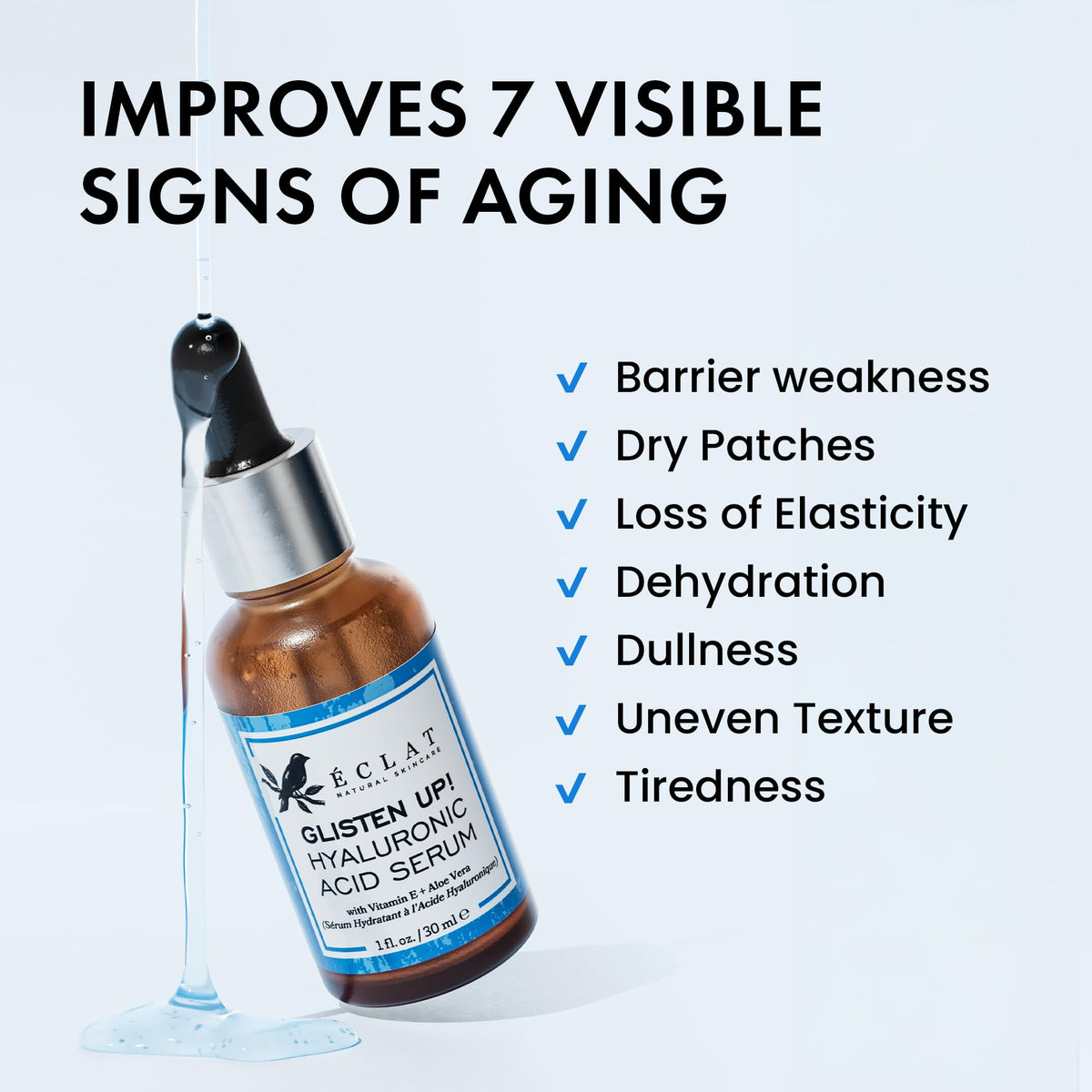 Eclat Skincare clear serum droplet texture demonstrating fast absorption