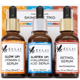 Eclat Skincare front packaging showing the three-serum set for organized routine
