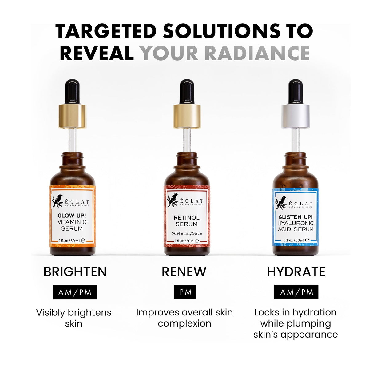 Eclat Skincare ingredient label next to aloe and jojoba illustrating natural support