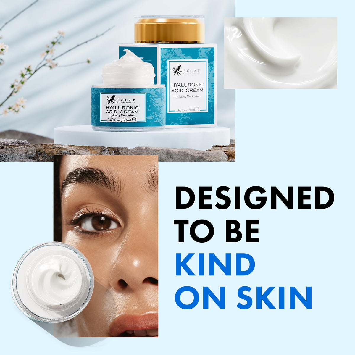 Eclat Skincare jar beside credit card to show compact travel-friendly size