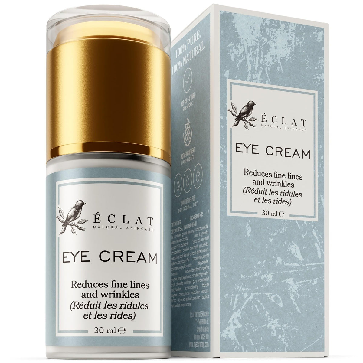 Eclat Skincare front packaging showing the 30ml eye cream for brightening