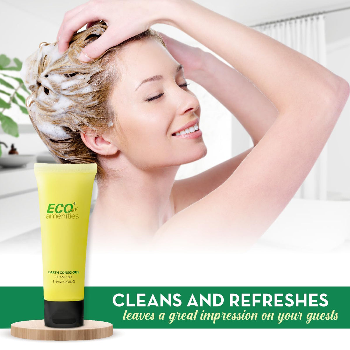 ECO amenities flip-cap closeup demonstrating leak-resistant cap for travel convenience
