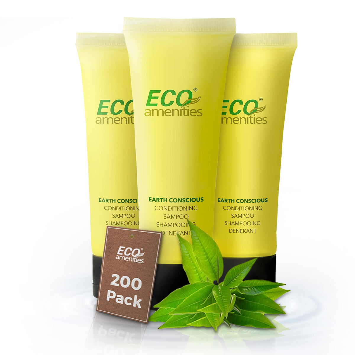 ECO Amenities front packaging showing 200-count and green tea branding benefits convenience