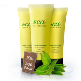 ECO Amenities front packaging showing 200-count and green tea branding benefits convenience