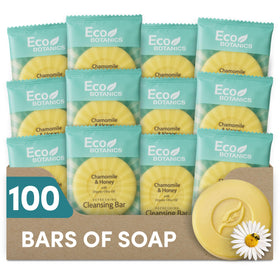Eco Botanics front packaging showing 100 travel soap bars, professional restocking benefit