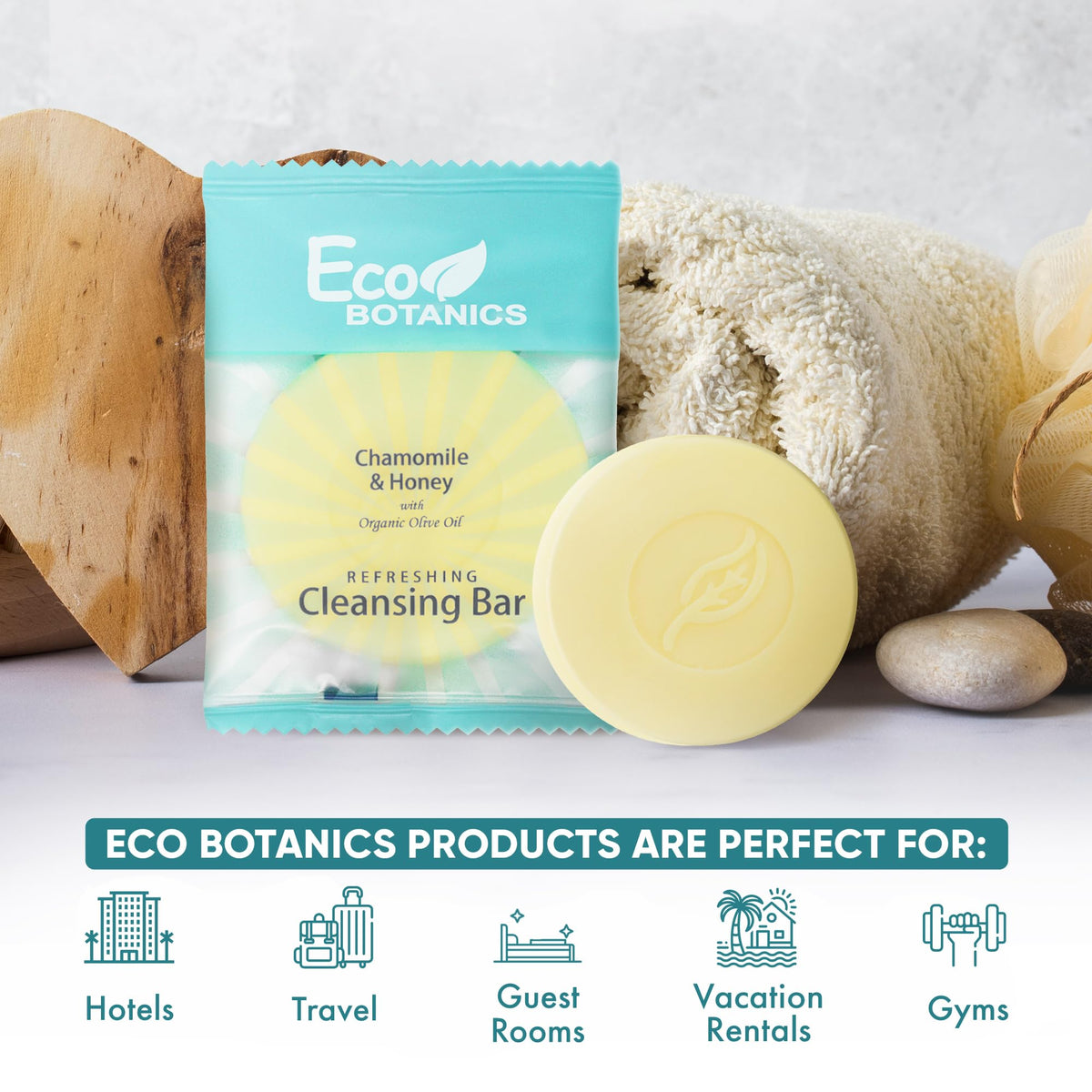 Eco Botanics single unwrapped 0.5 oz bar close-up, gentle cleansing visible