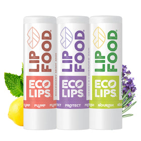 Eco Lips front packaging trio showing three organic lip balms for daily moisture
