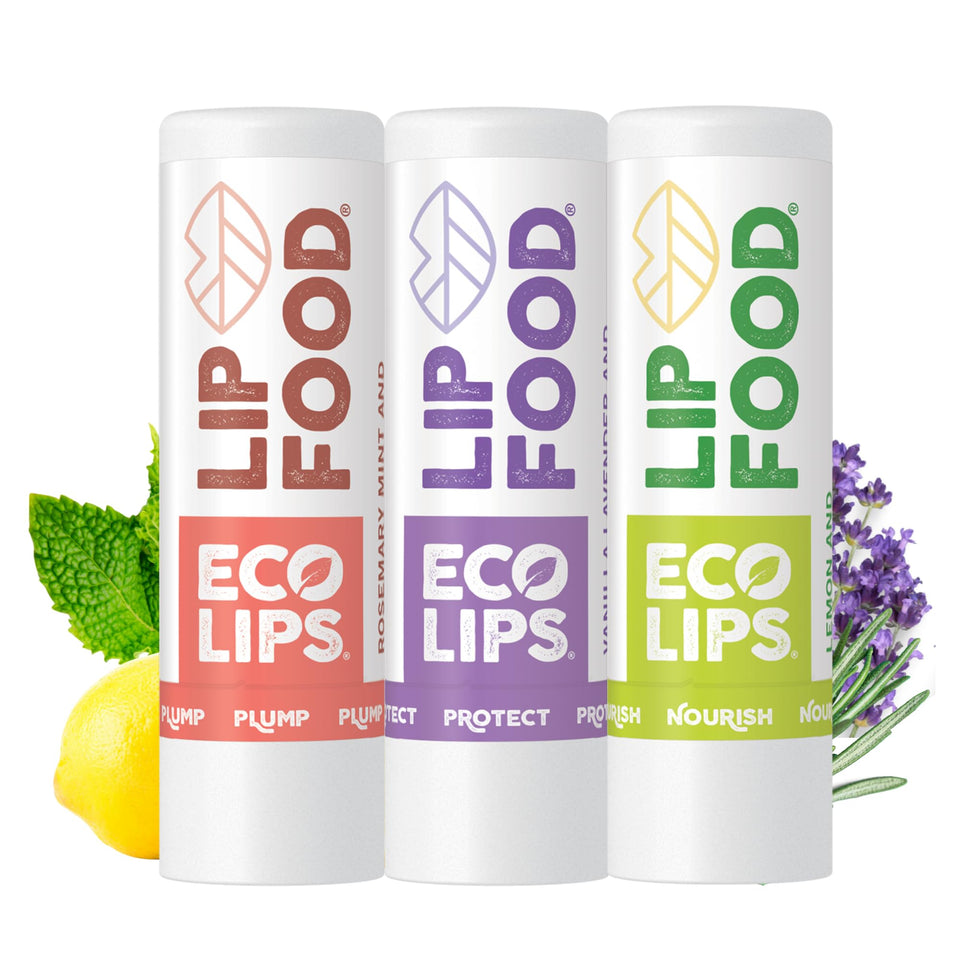 Eco Lips front packaging trio showing three organic lip balms for daily moisture