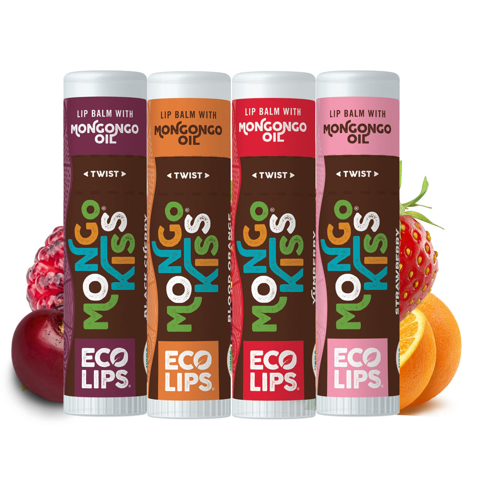 Eco Lips four-pack front view showing all flavors and larger tubes for lasting hydration