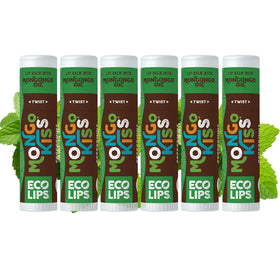 Eco Lips front packaging showing six peppermint Mongo Kiss tubes and benefits