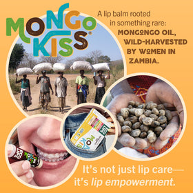 Eco Lips Mongo Kiss ingredient display featuring mongongo oil and organic cocoa butter benefits