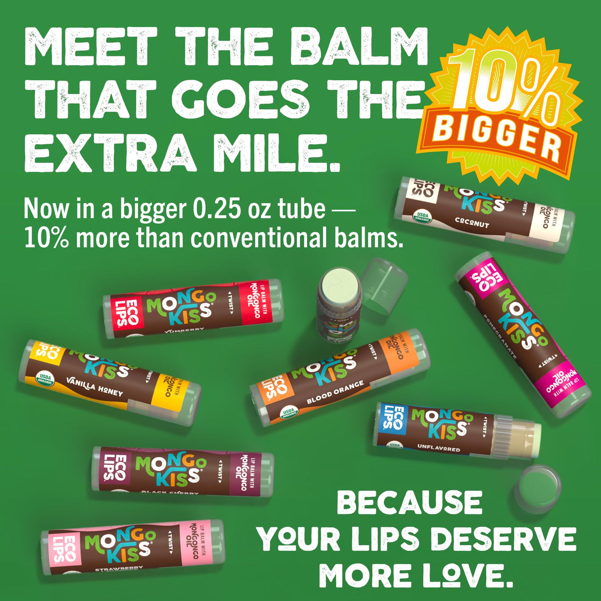 Eco Lips ingredients display with Mongongo oil and cocoa butter for natural hydration