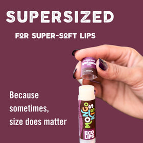 Eco Lips ingredients label showing USDA Organic and Fair Trade cocoa butter benefits