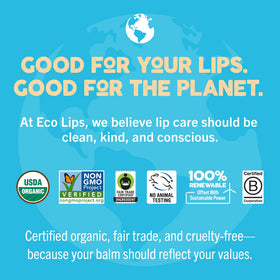 Eco Lips Mongo Kiss recyclable tube label showing 30% less plastic and eco benefit