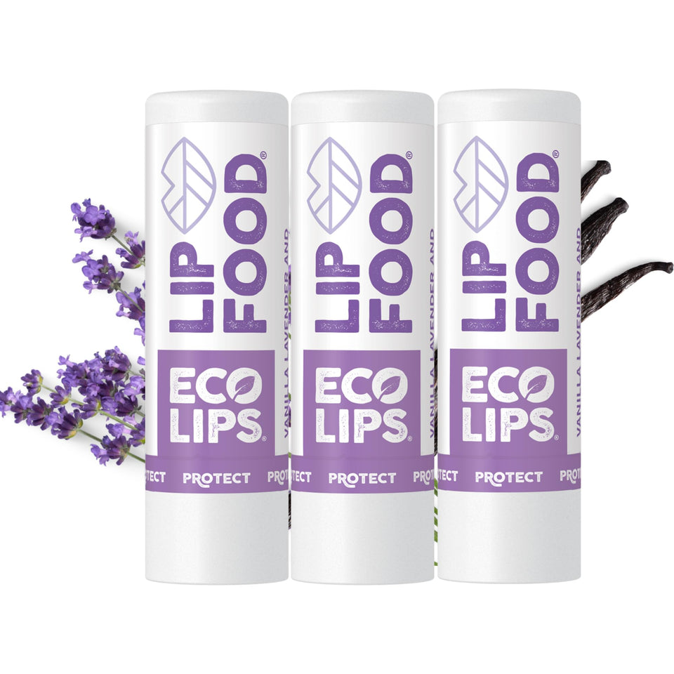 Eco Lips Lip Food Protect front packaging showing lavender vanilla flavor and organic labels for clear identification
