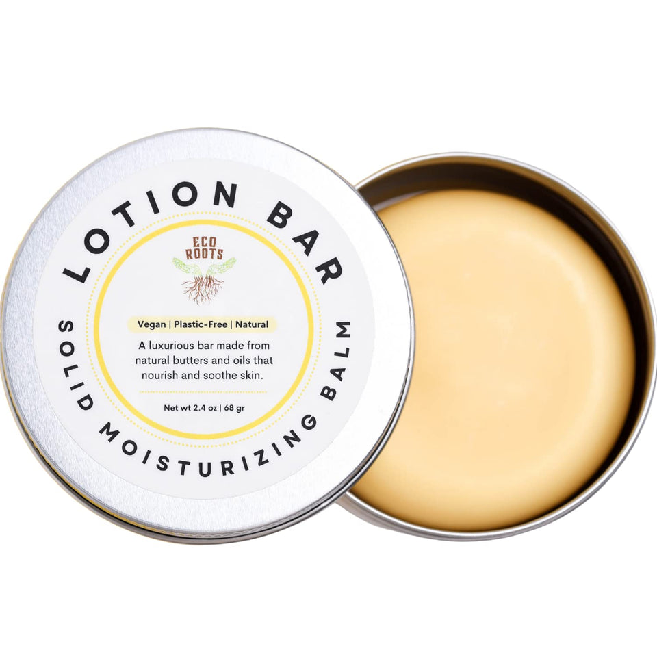 ECO ROOTS lotion bar front tin showing compact plastic-free packaging and portability
