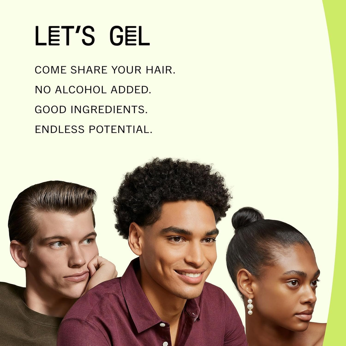 Model wearing sleek ponytail styled with Eco Style gel, illustrates strong shine and hold