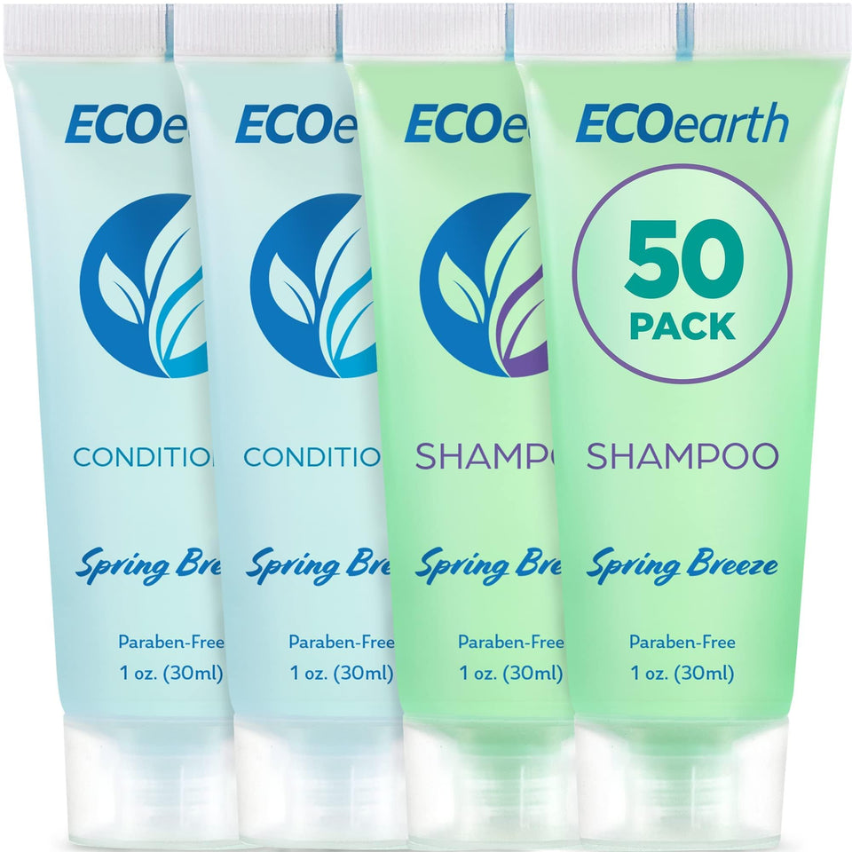 EcoEarth front packaging showing 50 shampoos 50 conditioners and Spring Breeze scent for convenience