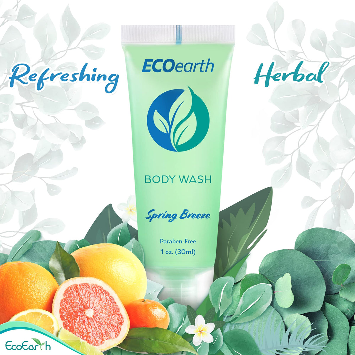 EcoEarth mini bottle in a hotel shower setting offering guest convenience