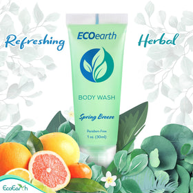 EcoEarth mini bottle in a hotel shower setting offering guest convenience