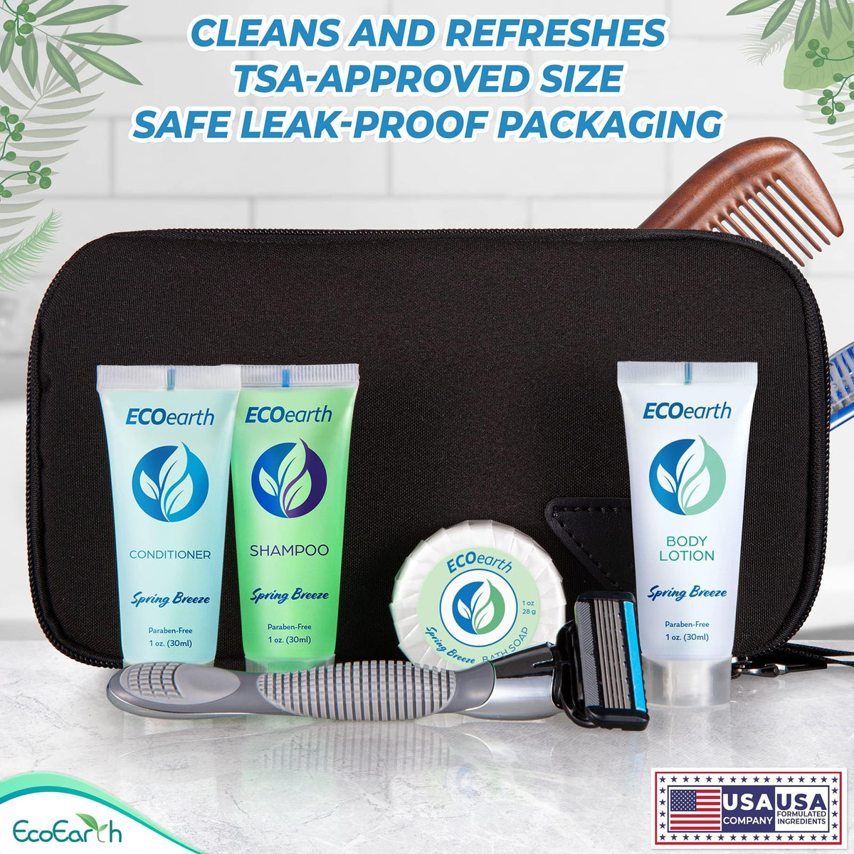 EcoEarth set arranged on hotel vanity conveying professional hospitality presentation