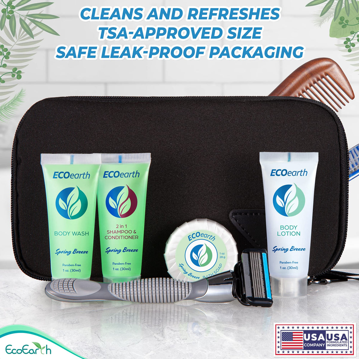 EcoEarth bottle beside a credit card illustrating compact TSA-friendly size
