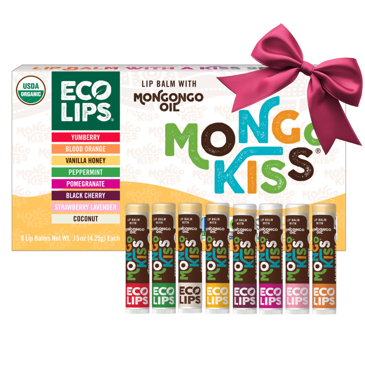 Eco Lips front packaging showing eight Mongo Kiss tubes and eco box benefit