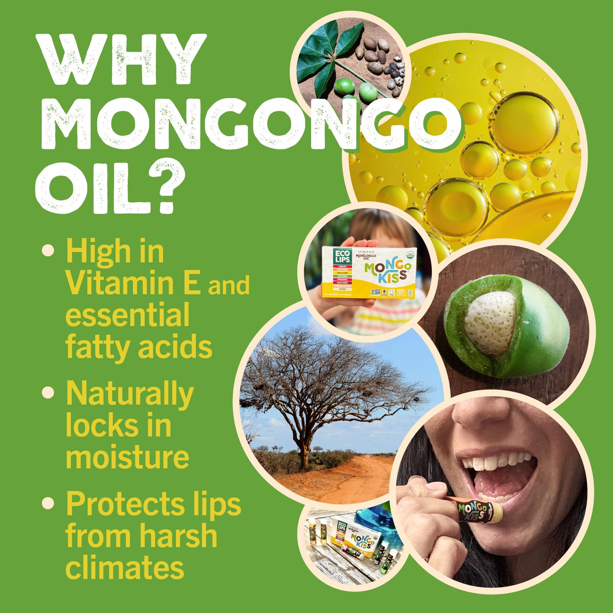 Eco Lips mongongo oil bottle next to balm highlighting nourishing ingredient
