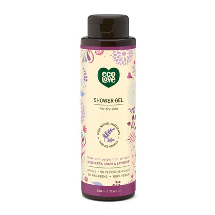 ecoLove front packaging showing blueberry grape lavender scent and volume benefit
