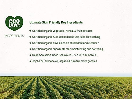 ecoLove product label close-up showing Dead Sea minerals and vegan cruelty-free benefits