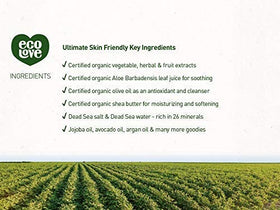 ecoLove product label close-up showing Dead Sea minerals and vegan cruelty-free benefits