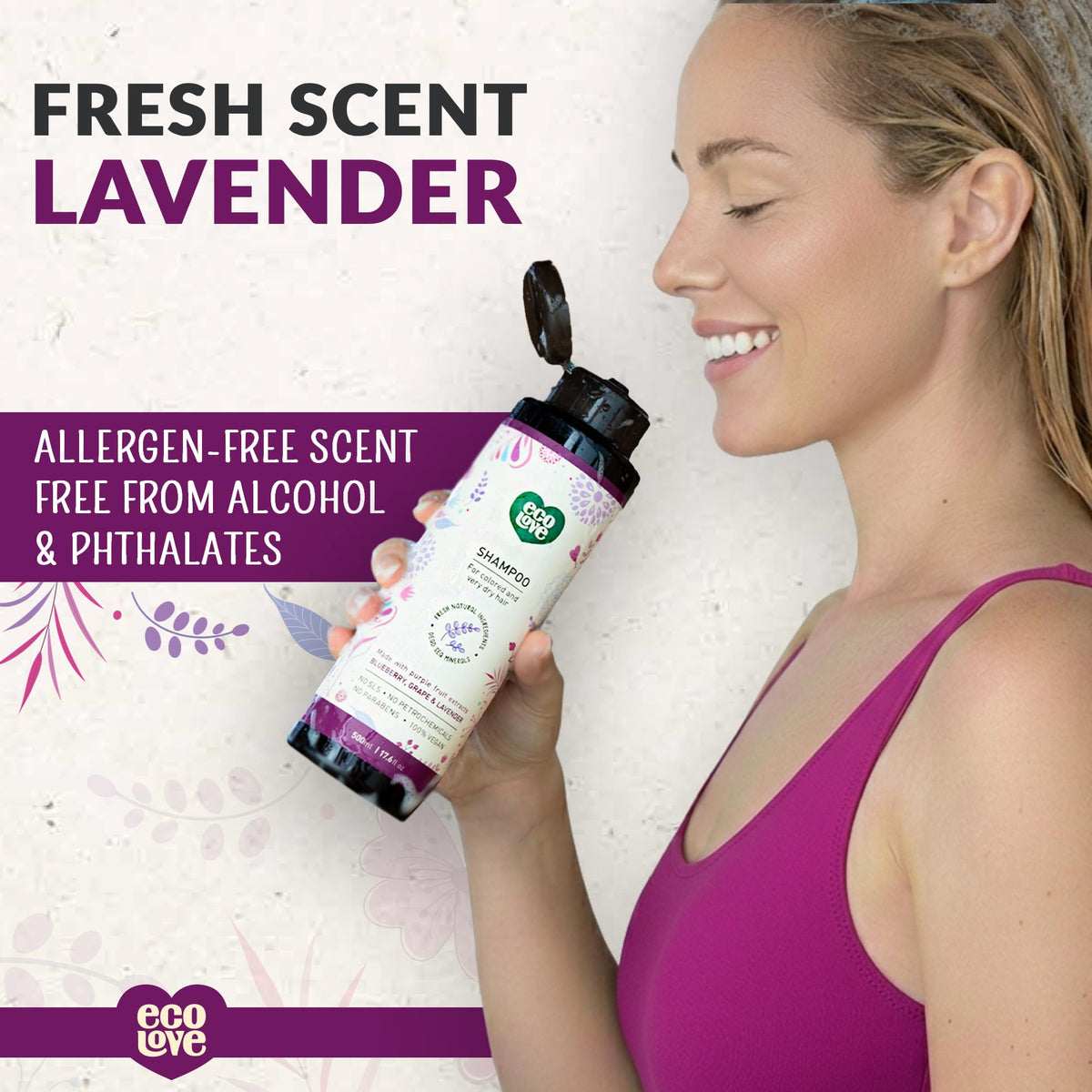 ecoLove bottle in shower setting demonstrating everyday use benefit