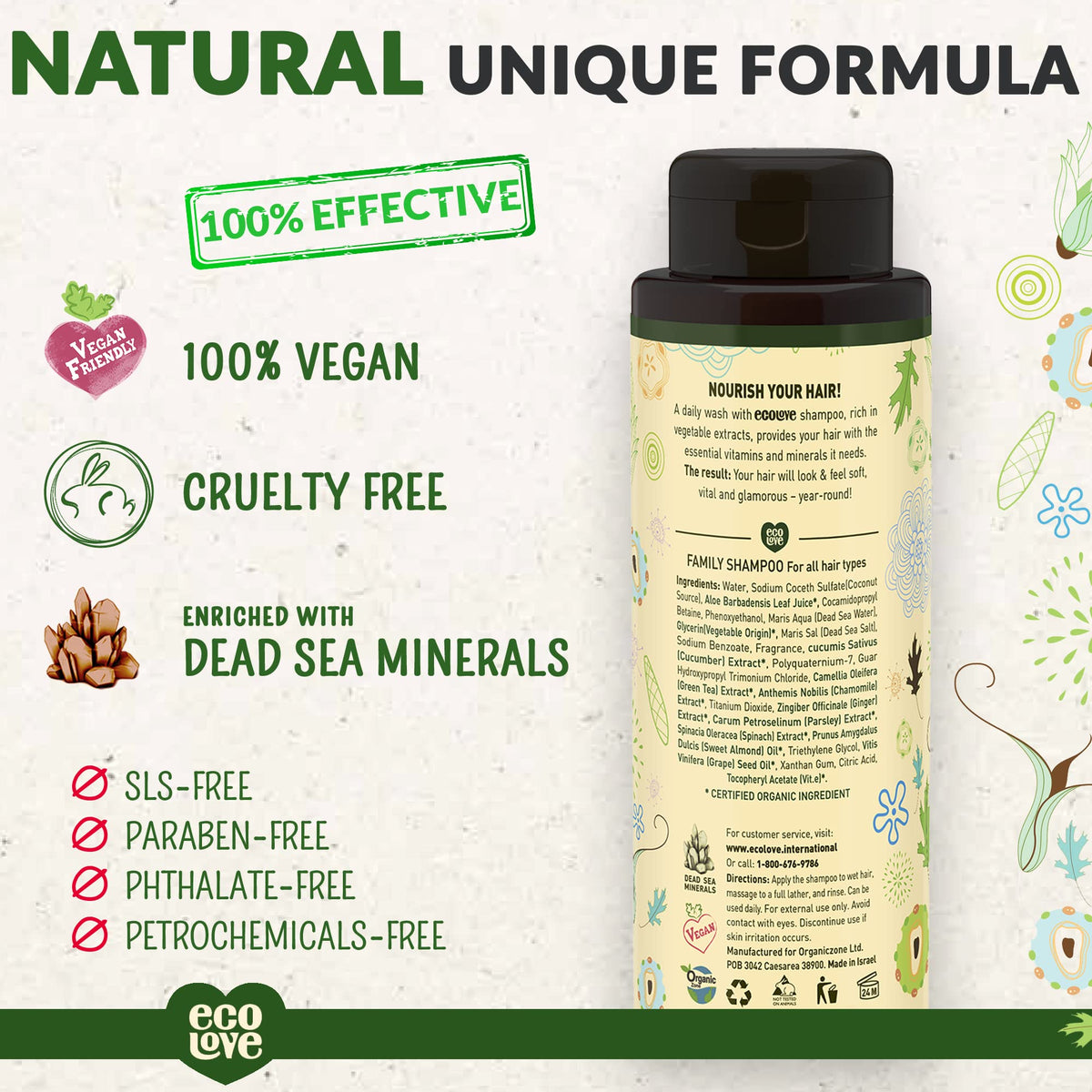ecoLove shampoo texture pouring from bottle highlighting creamy lather and moisturizing benefit