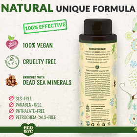 ecoLove shampoo texture pouring from bottle highlighting creamy lather and moisturizing benefit